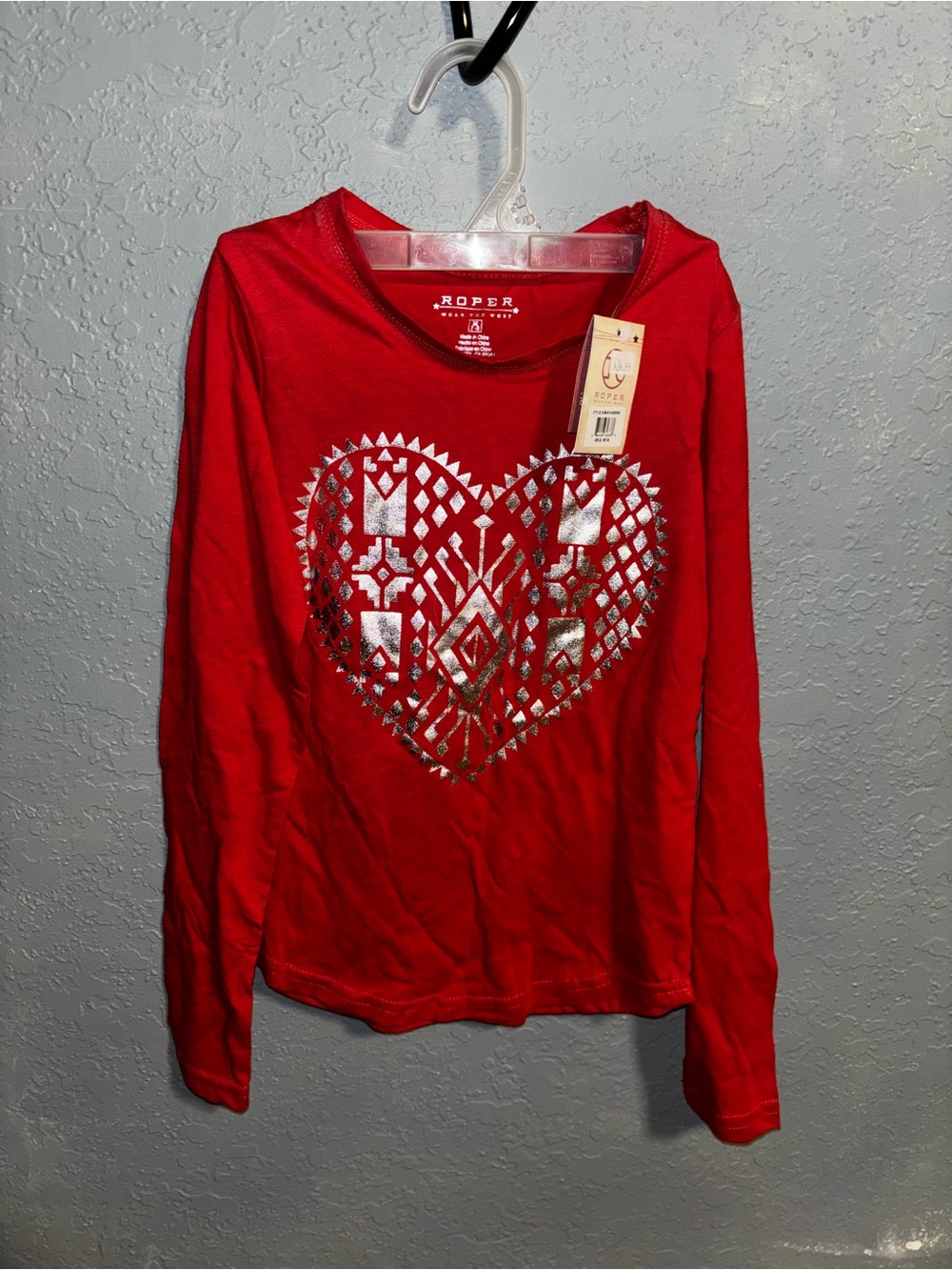 Roper Red Long-Sleeve Tee with Metallic Black Heart Motif